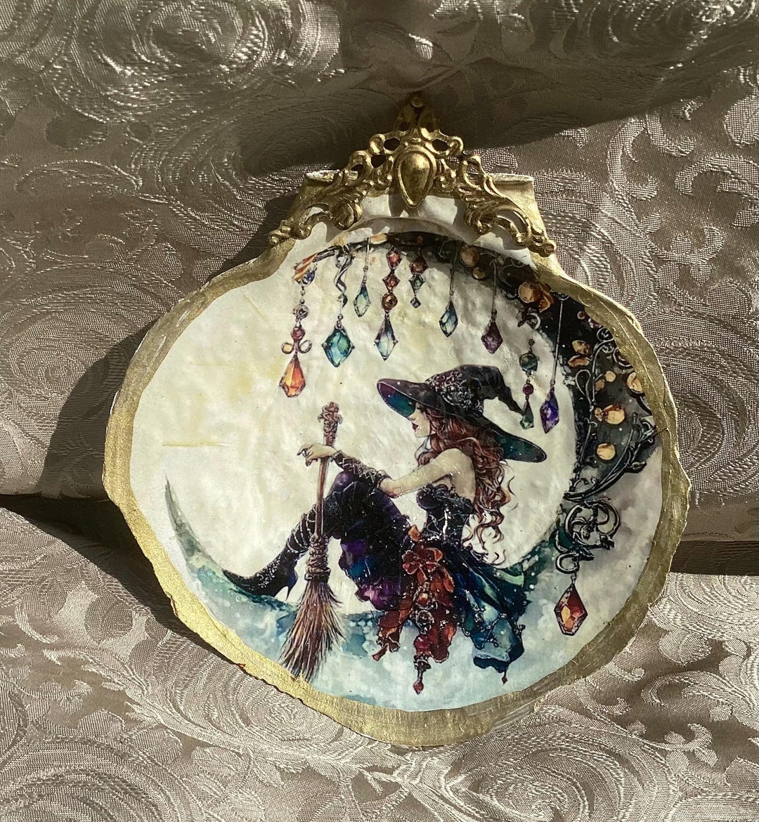 Witchery Shell Vintage Groovy Witch, Scallop Shell Decoupage, Mystical, Crescent Moon ...