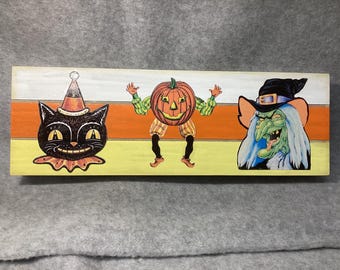 Vintage Halloween Wood Sign | Retro Black Cat Pumpkin Witch Decor | Spooky Halloween Shelf Sitter | Primitive Halloween Decor | Fall Display