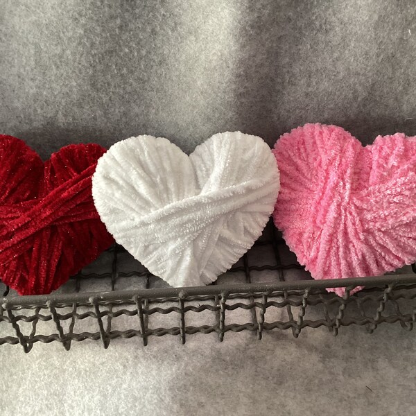 Set of 3, Chenille yarn hearts, VALENTINES, Rustic, Bowl Filler, Tiered tray, Teacher gift, Heart garland, Thoughtful gift, Wrapped heart