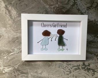 Best Friend Sea Glass Art | Cheers Girlfriend Frame | Friendship Gift | Beach Glass Picture | Gift for Her | Coastal Decor