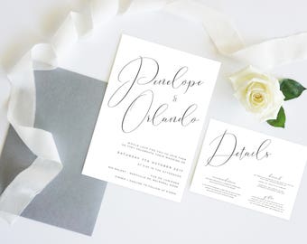 Script Grey White | Wedding Engagement Event Invitation Suite | Printable Digital File Printed Invite Invitation Invitations Stationery