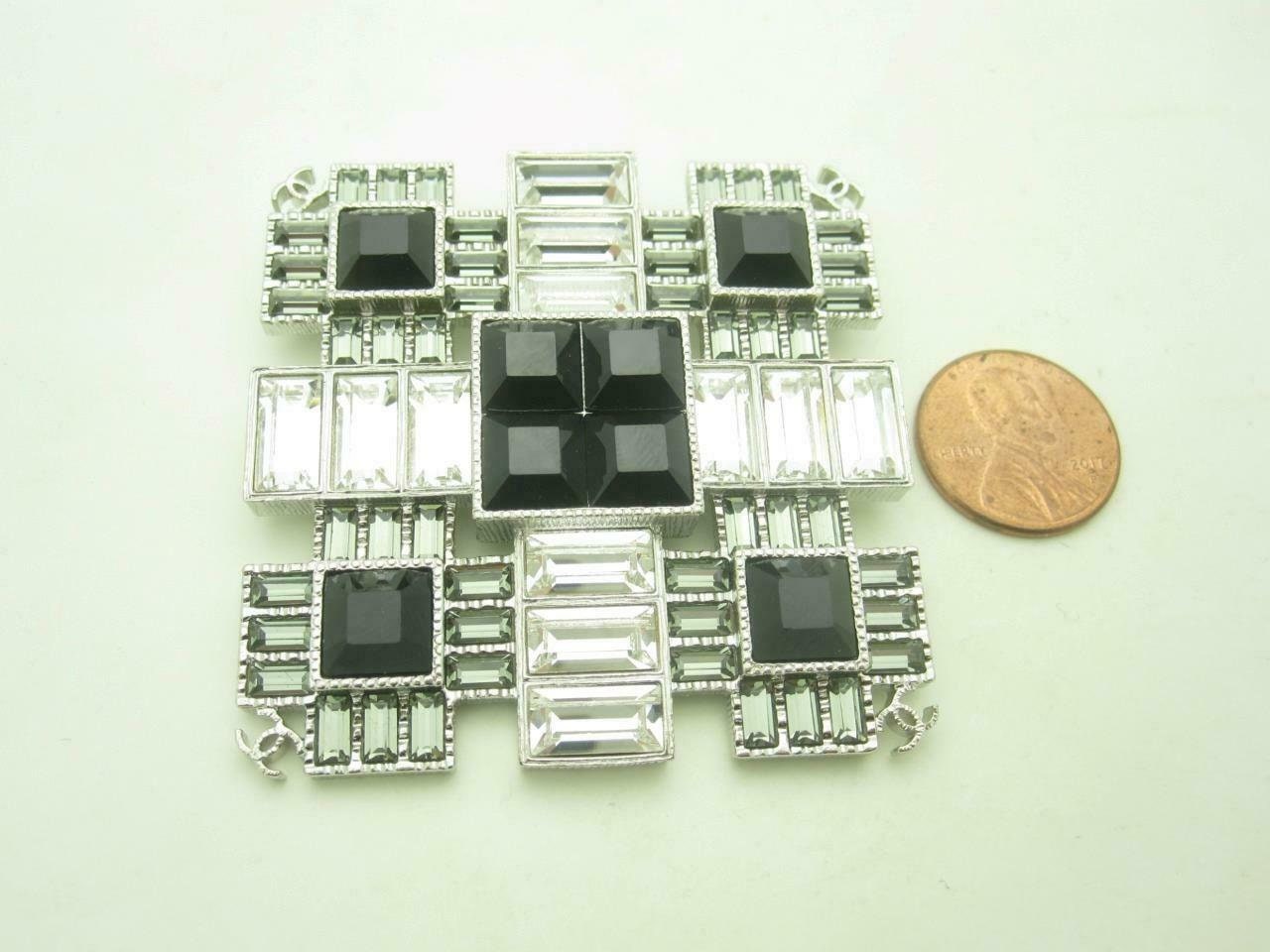 Chanel Black Clear Crystal Square Metal Large Brooch With 