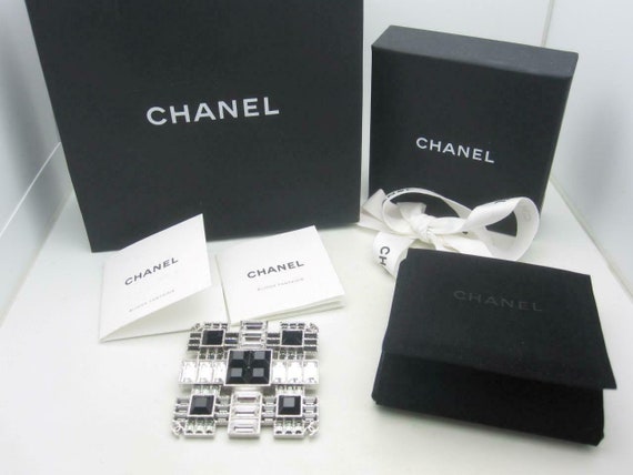 Chanel Black Clear Crystal Square Metal Large Brooch With 