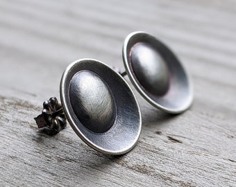 Oxidized Silver Stud Earrings, Edgy Modernist Stud Earrings, Simple Circle Stud Earrings