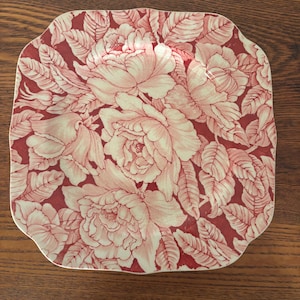 Puede incluir: Plato cuadrado con diseño floral. El plato presenta un fondo rojo con un patrón de grandes flores y hojas de color rosa claro. Los bordes del plato son ligeramente festoneados.