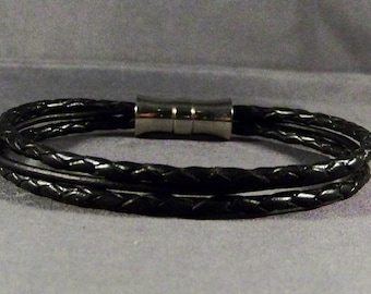 Braided Black Leather Bracelet with Magnetic Clasp