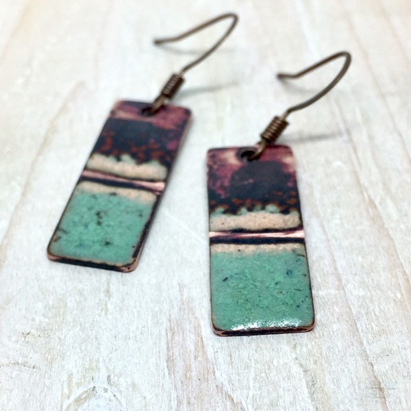 Small hammered copper earrings handmade copper jewelry green enamel earring round textured distressed metal modern boho tribal dangle earrin