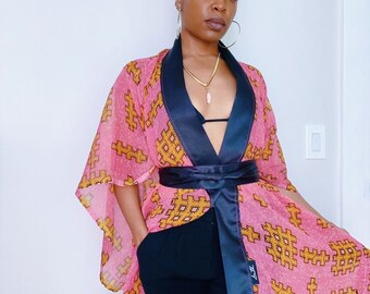 Pink & Gold Print Chiffon Kimono