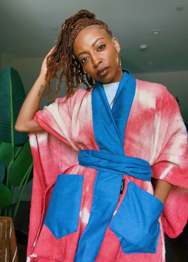 Pink Tie Dye Mud Cloth And Denim Kimono Inspired Jacket image 7