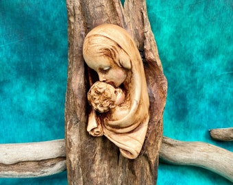 Driftwood Spirit Sculpture Mother Mary Madonna Baby Jesus Child Religious Spiritual Wall Art, Free Gift Wrap