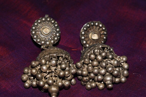 Grey - Antique Silver Finish Oxidised Brass Base Jhumki Earrings