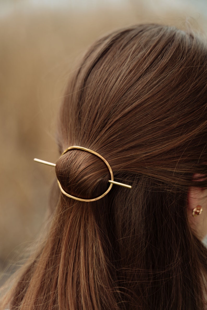 Hair circle and stick hair oval with stick hair barrette bun holder hammered hair slide brass hair clip metal hair accessories hair jewelry image 3