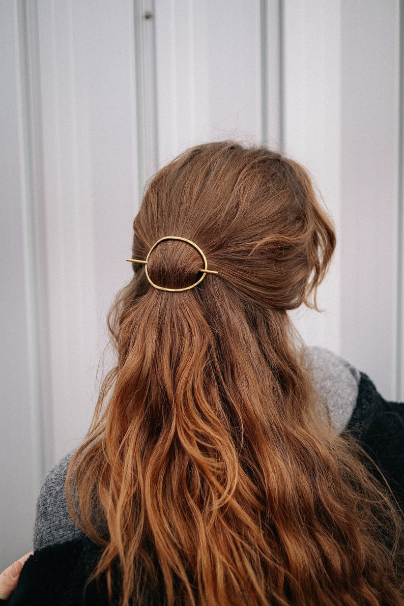Hair circle and stick hair oval with stick hair barrette bun holder hammered hair slide brass hair clip metal hair accessories hair jewelry image 5