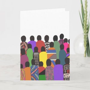 May include: A colorful illustration of a group of people standing together, facing away from the viewer. The people are all different colors and have different patterns on their clothing.