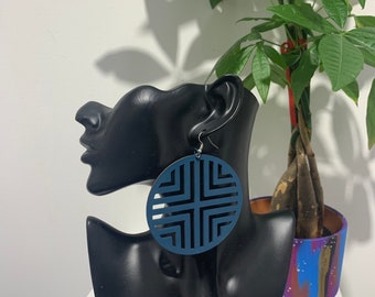 Large wooden peacock blue color  earrings