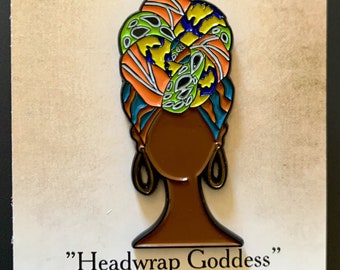 Soft enamel pin titled ”Headwrap Goddess” 2” inches.