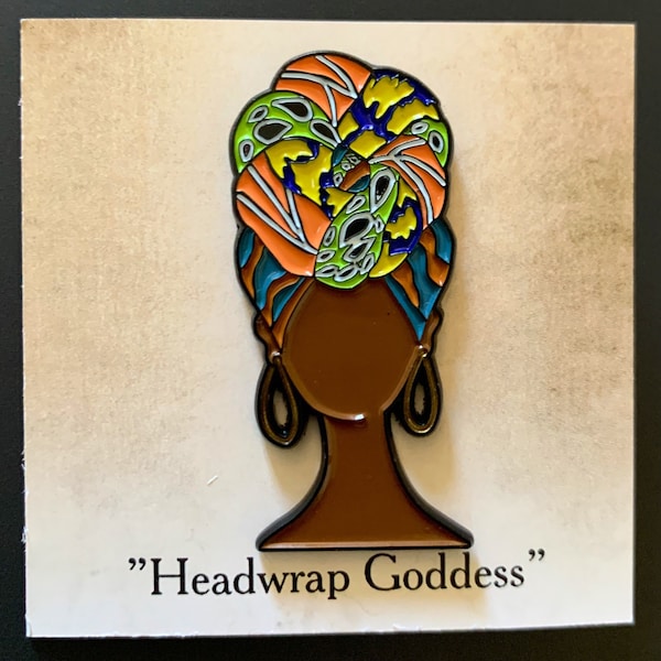 Soft enamel pin titled ”Headwrap Goddess” 2” inches.