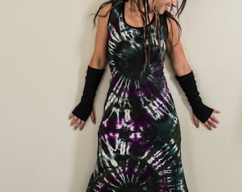 XS - 100 % cotton jersey tie dyed hippie maxi dress - Dark green spirals  with a dash of purple. Everyday comfort wear