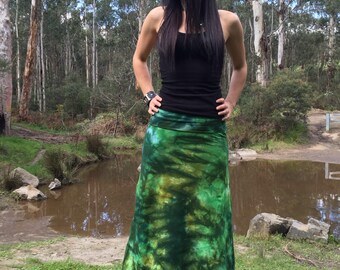 Size XS - every day wear hand made hand dyed A-line skirt in cotton lycra blend in earthy greens festival gypsy psytrance