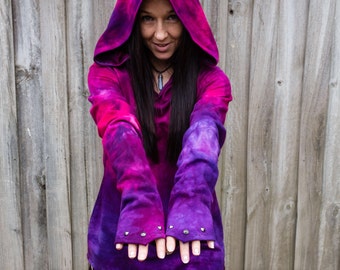 Medium / large - 100% cotton french terry  hand made and dyed pixie festival hippie forest dweller jumper hoodie in purple & intense pink