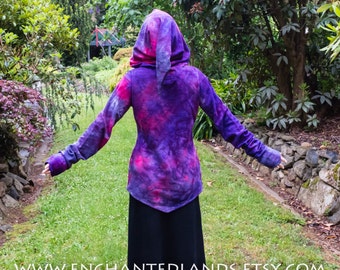 Medium / large - 100% cotton french terry  hand made and dyed pixie festival hippie forest dweller jumper hoodie in purple & intense pink