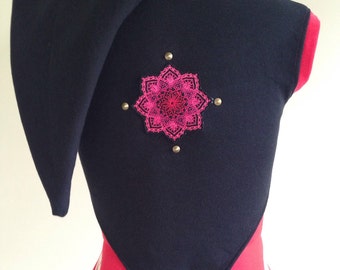 Size S/M pixie shrug in black and red with wooden buttons and mandala patch  pixie festival psy trance woodland