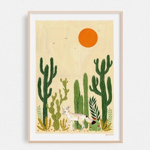 Pode incluir: Uma ilustra&ccedil;&atilde;o digital de uma cena do deserto com uma raposa do deserto caminhando por um campo de cactos sob um grande sol laranja.