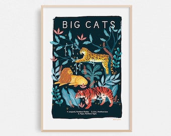 Big Cats Natural History Print, Animal A4 or A3 Artists Wall Art