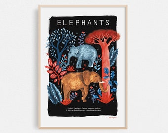 Elephants Natural History, Animal Print, A4 or A3 Artists Print