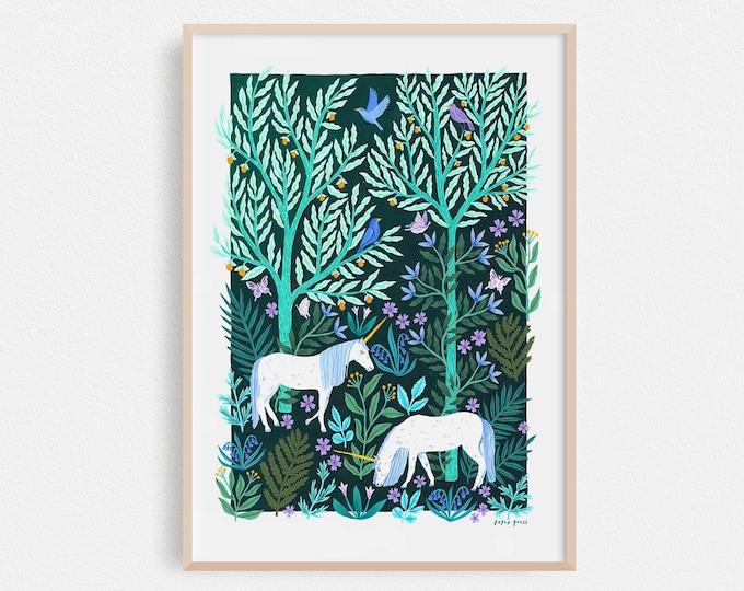 Unicorn Forest // Botanical Art Print // A4 or A3 Artists Print