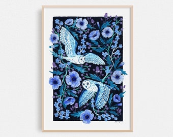 Night Owls Floral Painting Print - A4 or A3 Artists Print