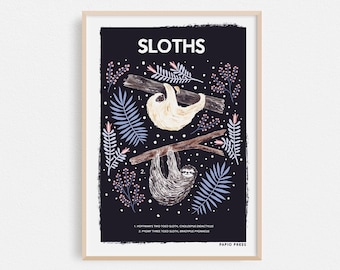 Sloths Natural History Print, Anima Poster, Botanical Print, A4 or A3 Artists Print