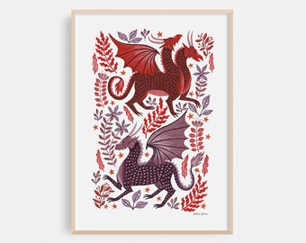Dragon Garden // Dragon Print // A4 or A3 Artists Print