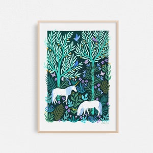 Unicorn Forest // Botanical Art Print // A4 or A3 Artists Print