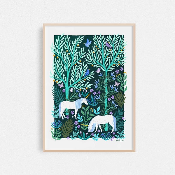Unicorn Forest // Botanical Art Print // A4 or A3 Artists Print