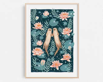 Otters Together // Floral Art Print // A4 or A3 Artists Print