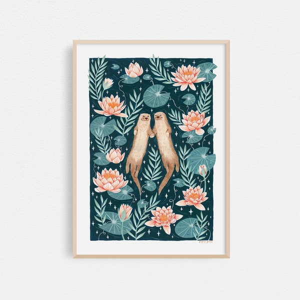 Otters Together // Floral Art Print // A4 or A3 Artists Print