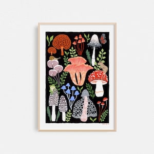 Mushrooms, Botanical Art Print, Mushroom Decor, Housewarming Gift, A4 or A3 Artists Print image 1