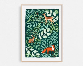 キツネ、シカ、ノウサギの植物アートプリント：森のイラスト