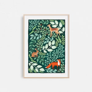 Flora & Fauna, Botanical Art Print, Fox and Deer, Housewarming Gift, A4 or A3 Artists Print