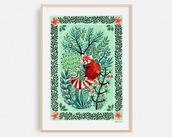 Red Panda Tapestry // Floral Wall Art // Jungle Print // A4 or A3 Artists Print