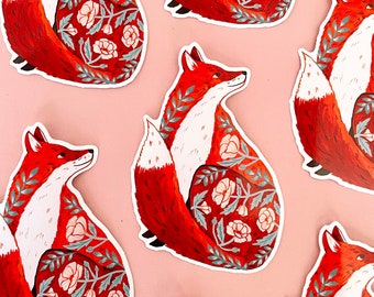Floral Red Fox Vinyl Sticker, Botanical Illustrated Sticker / Decal