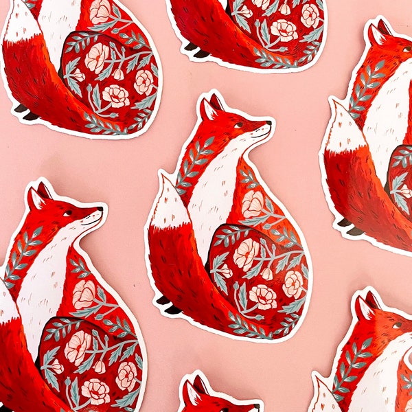 Floral Red Fox Vinyl Sticker, Botanical Illustrated Sticker / Decal