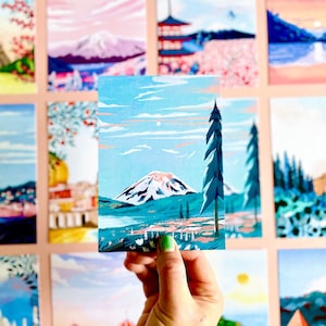 Pack of 15 Papio Press Postcards with Travel Illustrations, Mt. Rainier, Florence, Japan
