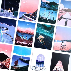 Pack of 15 Papio Press Postcards with Cycling Travel Illustrations, Bicycle artwork