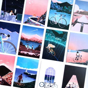パピオ プレスのサイクリング旅行イラスト、自転車アートワーク入りポストカード 15 枚パック