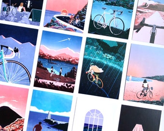 Pack of 15 Papio Press Postcards with Cycling Travel Illustrations, Bicycle artwork