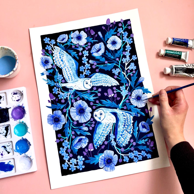 Night Owls Floral Painting Print A4 or A3 Artists Print image 4