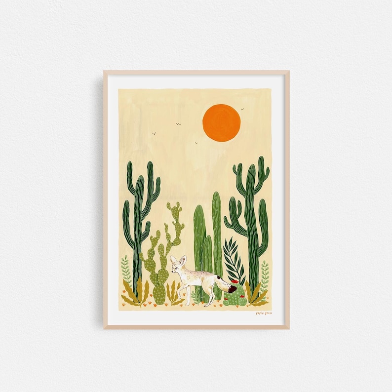 Pode incluir: Uma ilustra&ccedil;&atilde;o digital de uma cena do deserto com uma raposa do deserto caminhando por um campo de cactos sob um grande sol laranja.