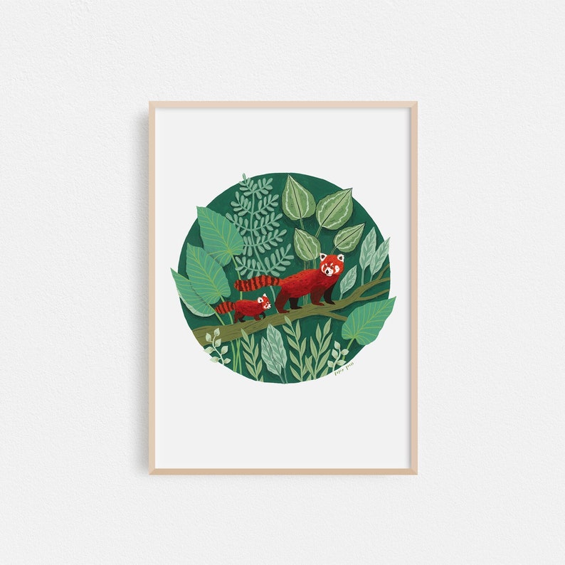 Red Panda Cub, Botanical Art Print, Cute Print, Housewarming Gift, A4 or A3 Artists Print image 1